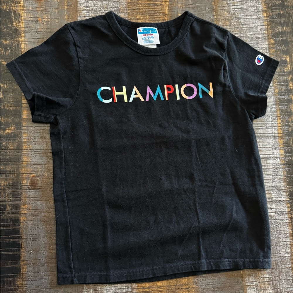 Womens Champion Brand Short Sleeve T-Shirt Black Multicolor logo Size Medium